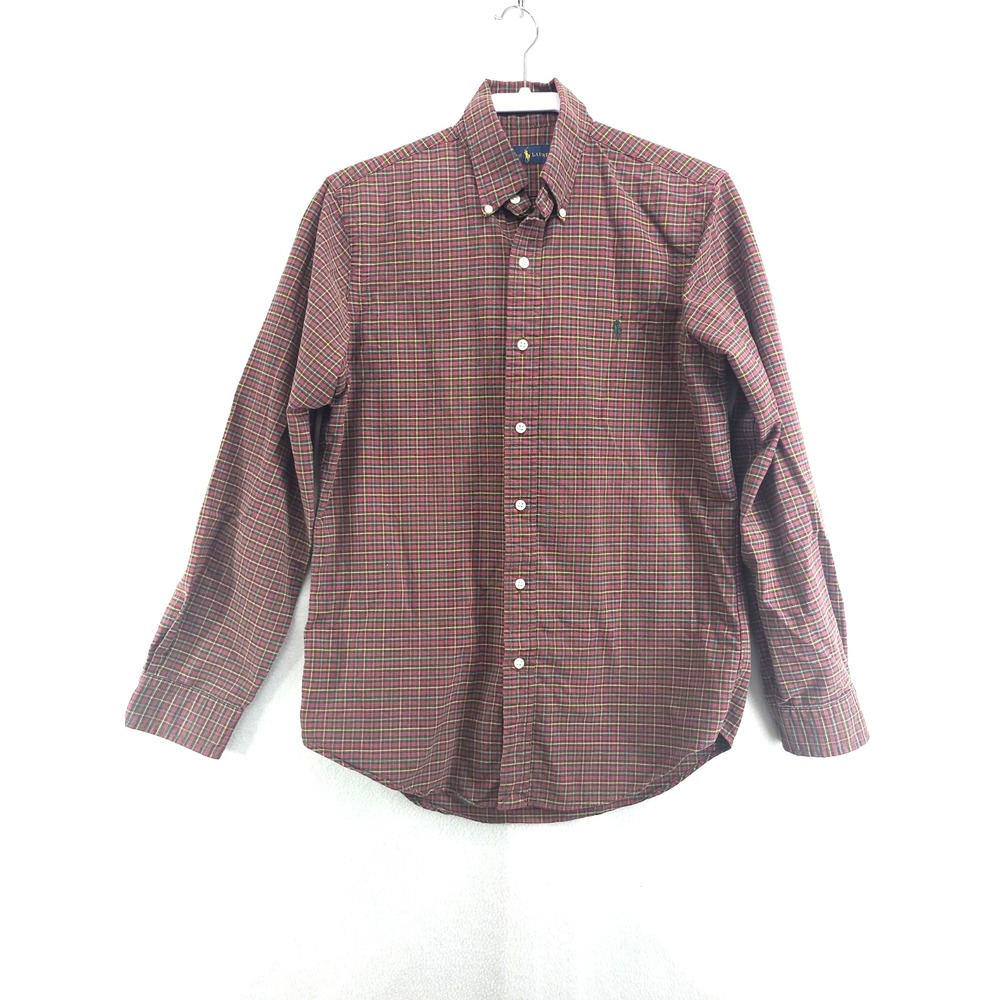 Ralph Lauren Oxford Shirt S Mens Red Navy Plaid Cotton Button Down LS Green Pony